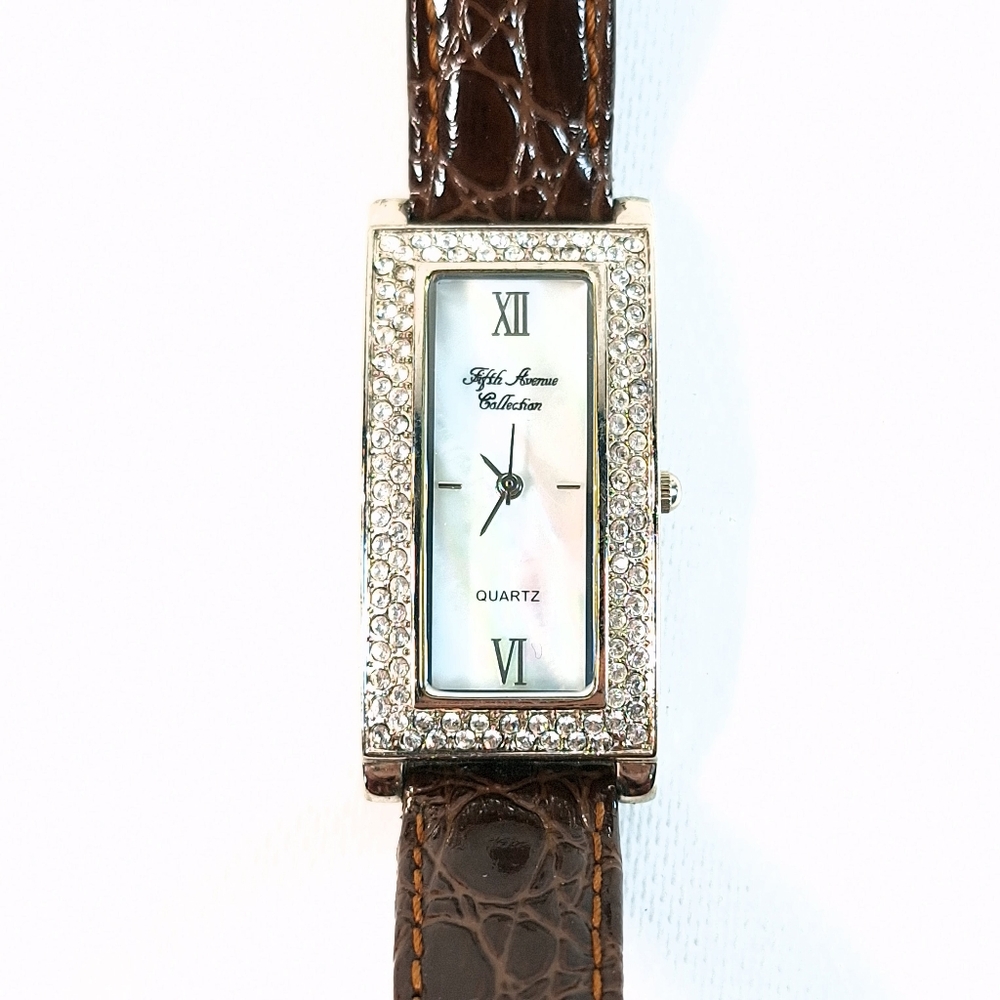 Fifth Avenue Collection Brown Leather MOP Leather Silver Tone Watch, New Battery